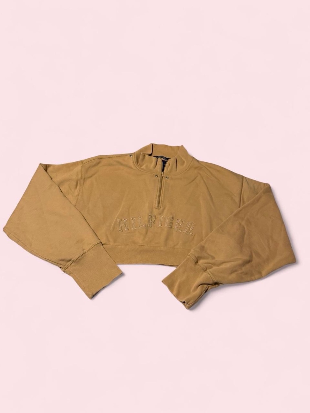 Tommy Hilfiger Cropped Quarter-Zip Sweater in Camel Brown